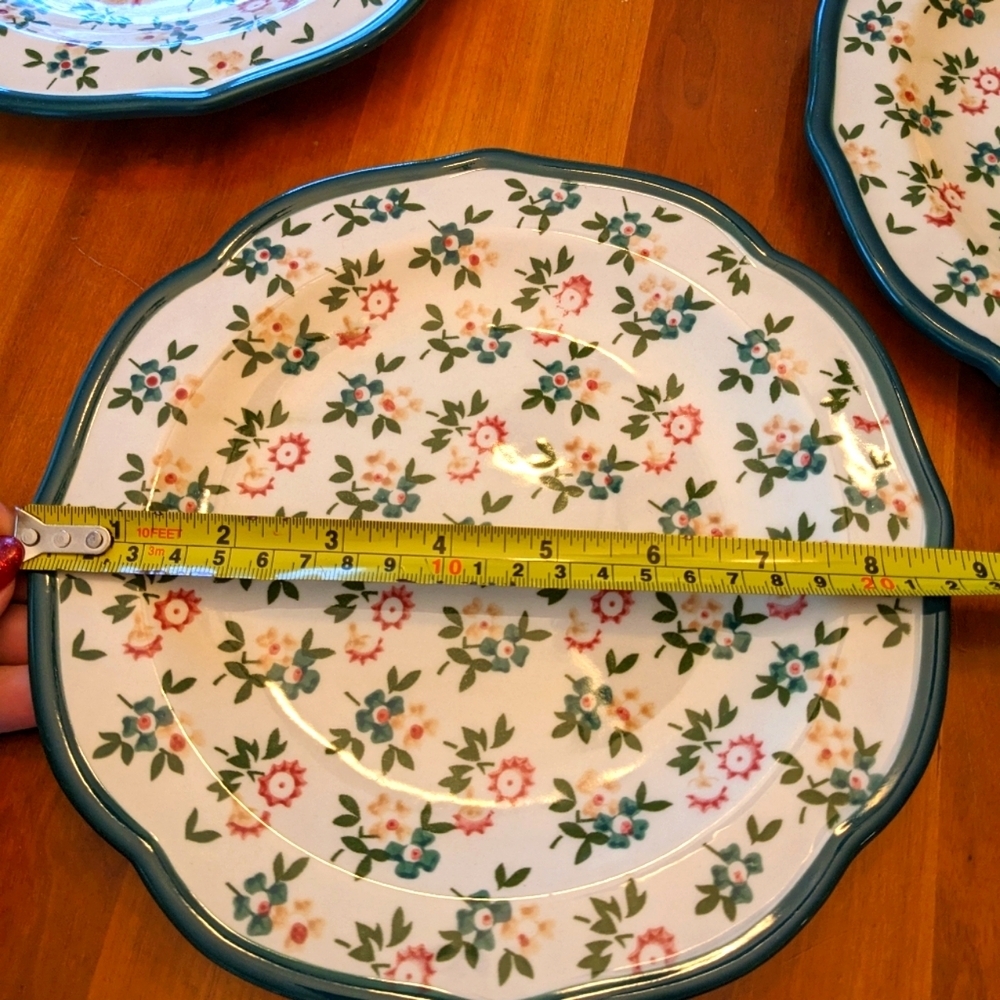 Floral Print Scallop Wavy Green Rim Salad Plates Dessert Ceramic Cottagecore - Picture 4 of 9